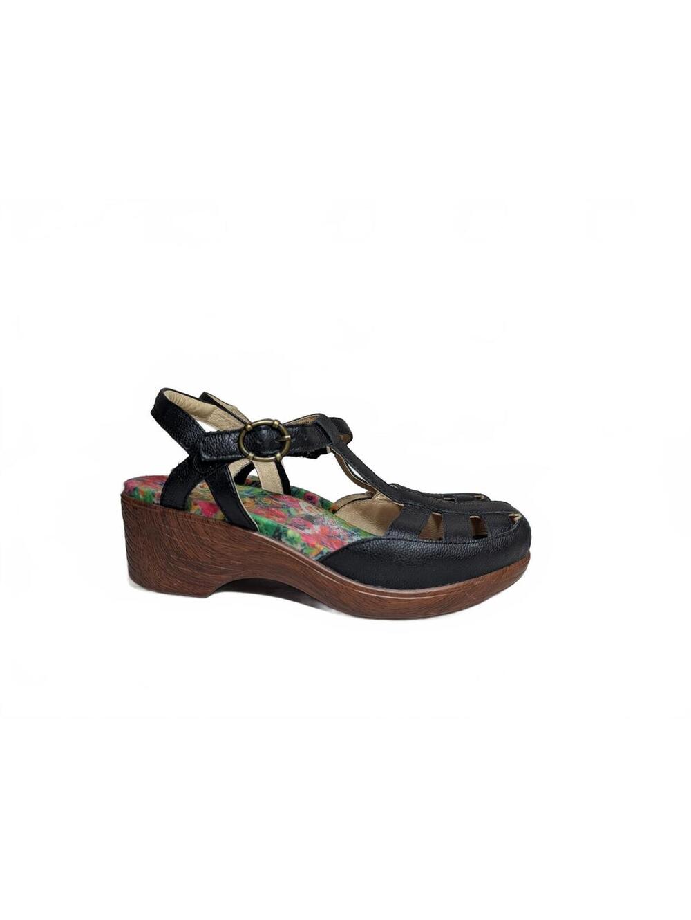 Alegria Black Leather T-Strap Wedge Sandals with Multicolor Floral Insole 38